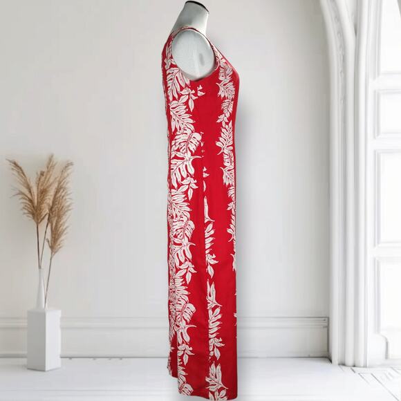 Vintage Royal Creations Red Leaf Hawaiian Maxi Dress Sleeveless Slit USA Size M - Picture 2 of 16